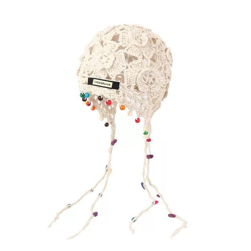 Вязаная шапка с кисточкой для женщин, ретро, ажурная, этнический стиль, шапка-пуловер, вязаная шапка ручной работы