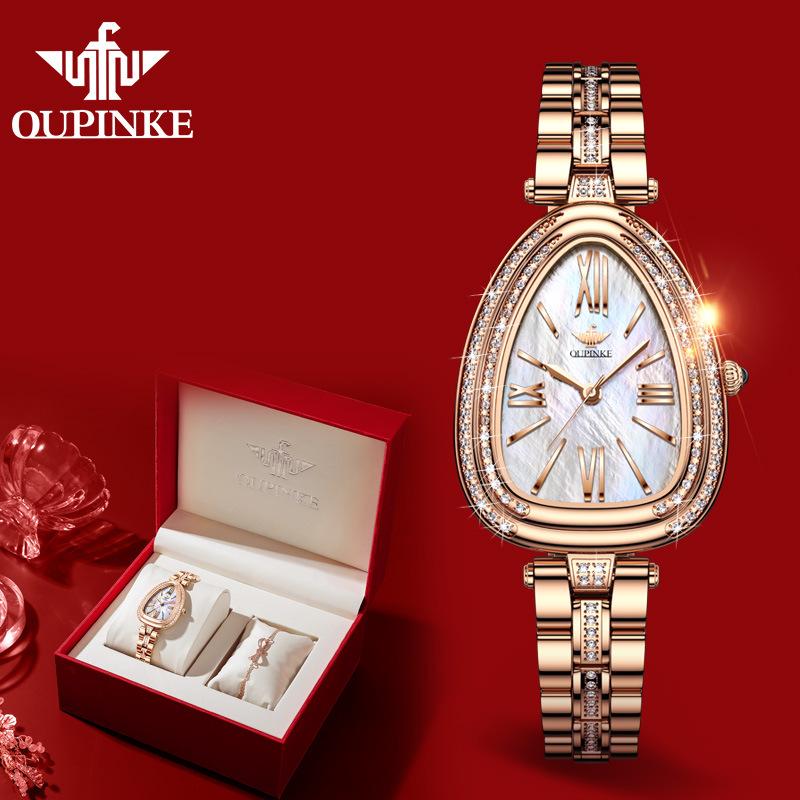 OUPINKE Новые женские часы для бизнеса и отдыха, бренд Tide, инкрустированный бриллиантами змеевидный циферблат, водонепроницаемые кварцевые часы высокого класса