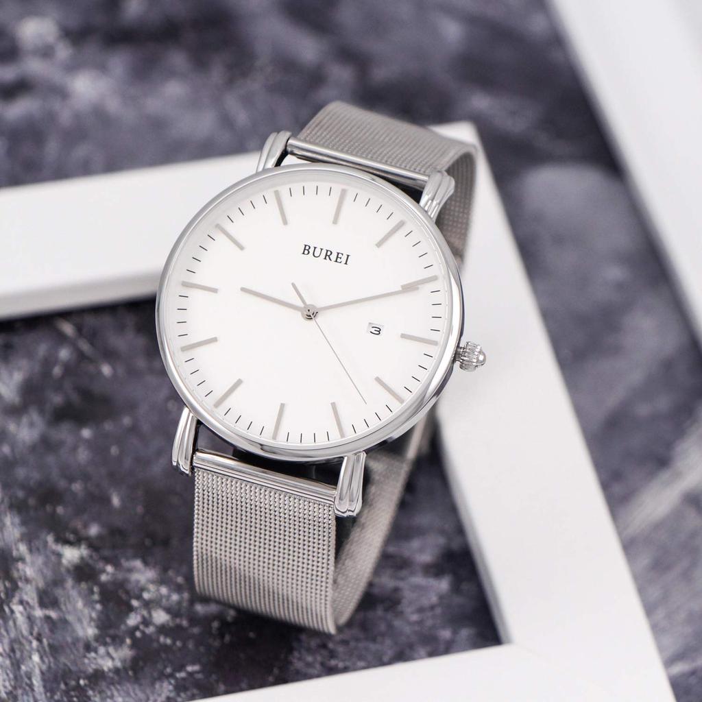 BUREI Men's Stylish Waterproof Analog Wristwatch Silver Milanese Mesh Band Business Date