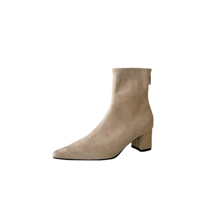 2025 autumn new square head thick heel high heel temperament French fashion suede sexy beautiful women short boots