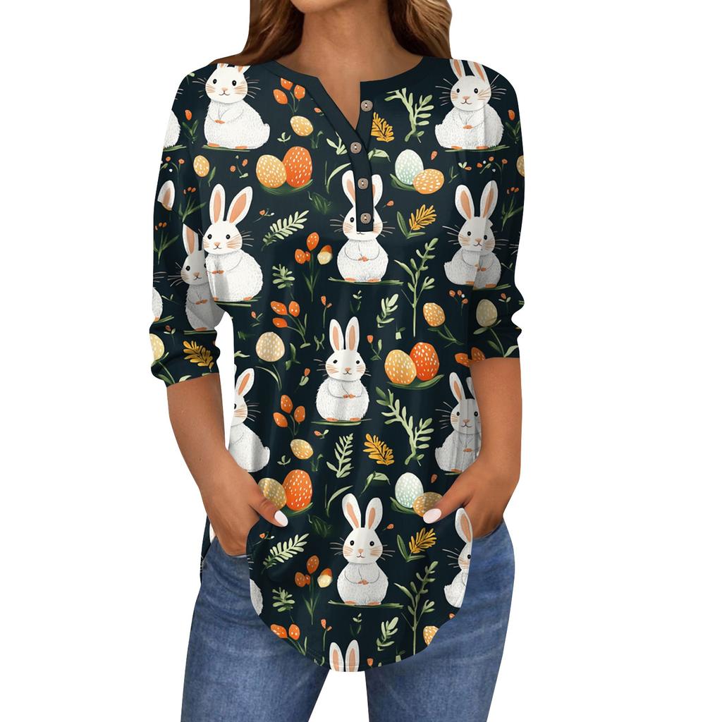 Women's 3/4 Sleeve Easter Egg Bunny Print Button Collar Fashion Casual Top