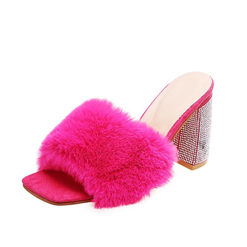 Thick Heel Pink Fuzzy Slippers for Women Silver Rhinestone High Heel Sandals Sexy Ladies Party Shoes