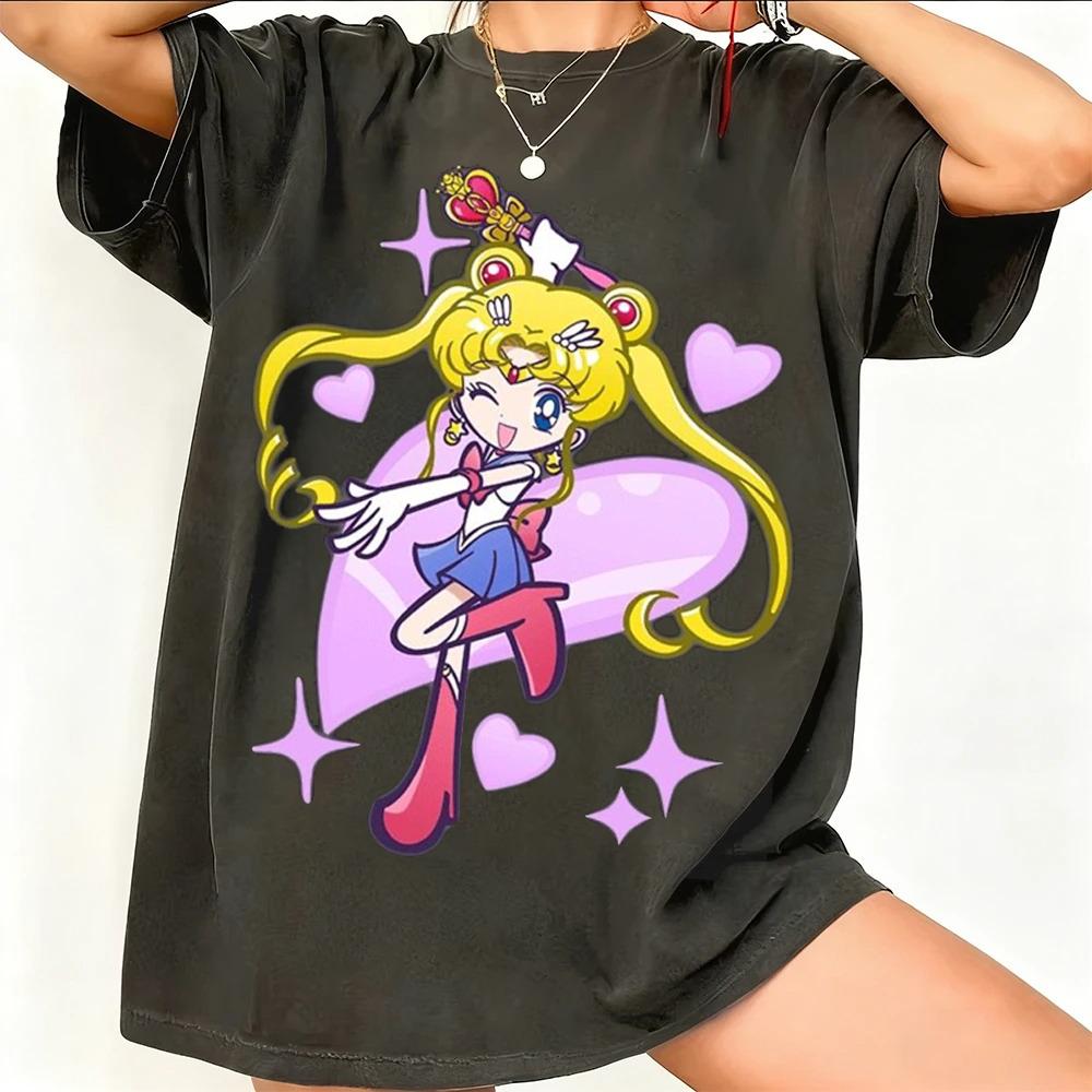Sailor Moon Ретро 90-х Аниме Графическая Футболка Летняя Хлопковая Унисекс Женская Футболка Уличная Одежда Повседневный Тренд Короткий Рукав Пара Хип-Хоп Топ