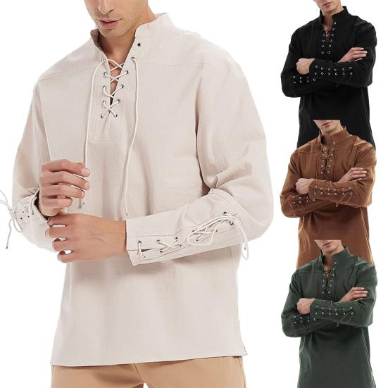 Мужчины Speing Top Воротник-стойка на шнуровке с V-образным вырезом и длинным рукавом Сплошной цвет Готический панк Пиратский стиль Свободный пуловер Мягкая дышащая мужская рубашка средней длины