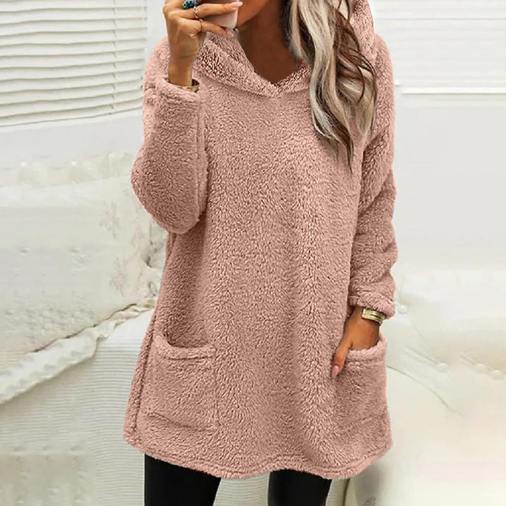 Женская модная повседневная толстовка с капюшоном из флиса с длинным рукавом и карманом, двухсторонняя