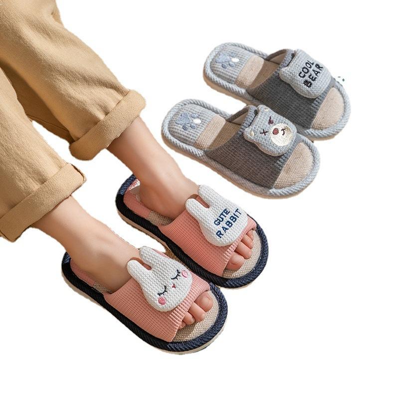 Spring and Autumn Children's Linen Slippers Women's Four Seasons Household Soft Bottom Baby Slippers Cartoon Dinosaur Parent-Child Children's Slip