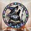 2D Flat, Halloween Witch and Black Cat Stained Glass Catcher - Round Acrylic Hanging Ornament for Home, Party or Bar Decor