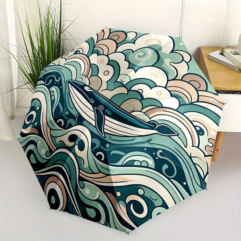 1pc Whale Waves Automatic Open/Close Umbrella, Portable Folding Umbrella for Travel,suitable as a gift for various festivals