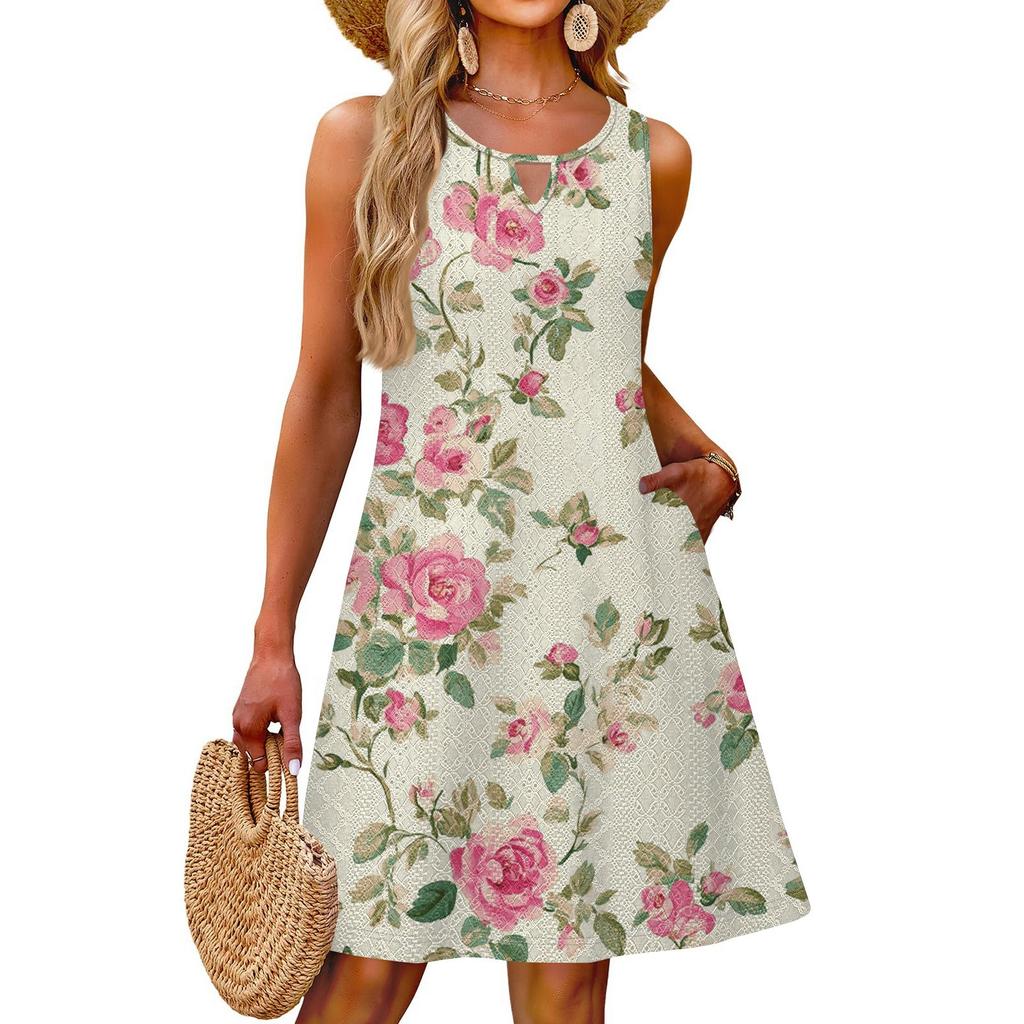Ladies Fashion Casual Summer Floral Print Dress With Pocket Beach Holiday Vest Dress