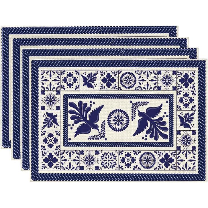 Artoid Mode Talavera Tiles Floral Phoenix Fiesta Mexican Placemats Set of 6, 12x18 Inch Seasonal Fall Holiday Table Mats for Party Kitchen Dining