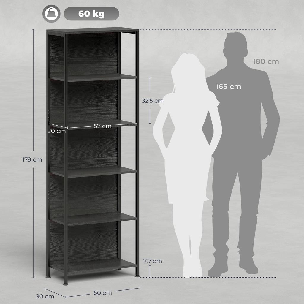 Bookshelf with 5 Levels, Standing Shelf with LED Lighting, 7 Light Colors, for Living Room, 60 x 30 x 179 cm Black