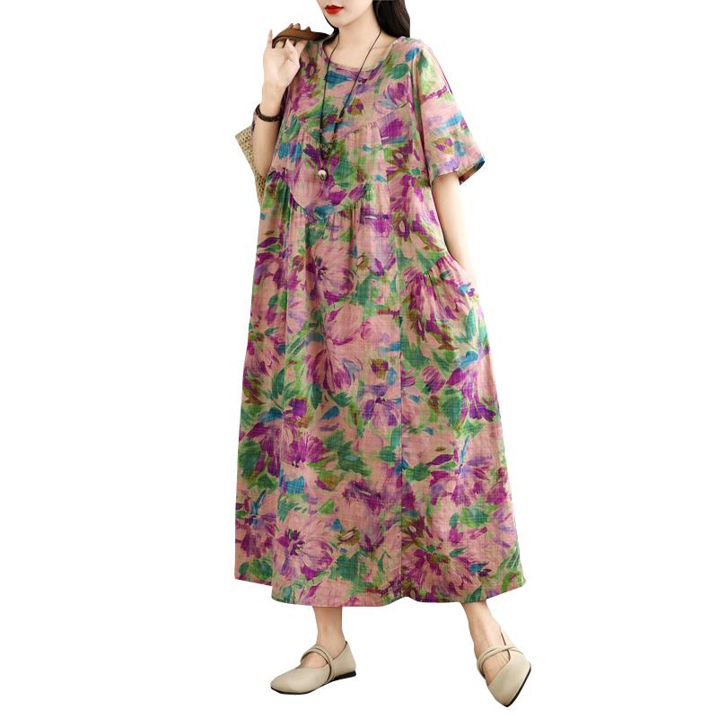 DIMANAF 2025 Женское Новое Летнее Платье Свободное Винтажный Принт Цветочный Базовое Повседневное Длинное Платье Большого Размера Плюс Сайз