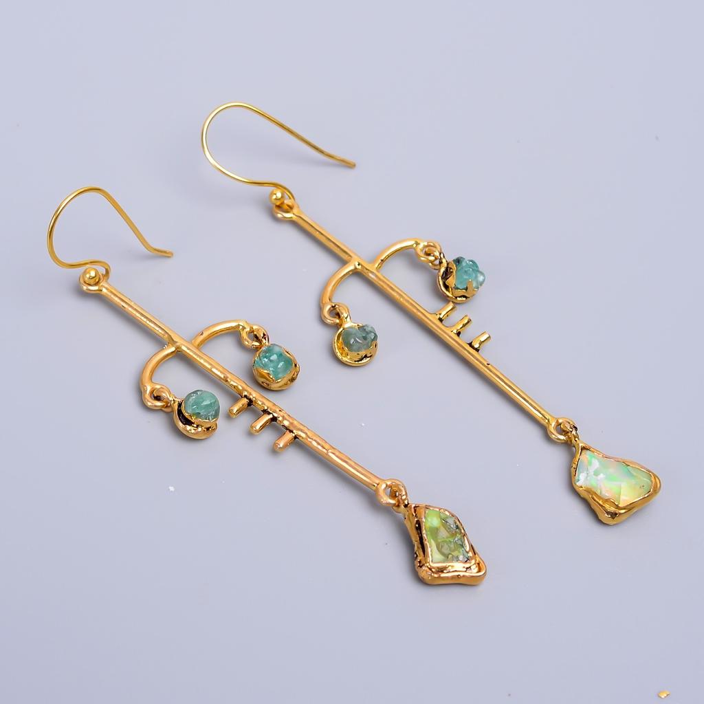 Натуральный эфиопский опал, позолоченные серьги-подвески, гальванопластика, ювелирное изделие V-72