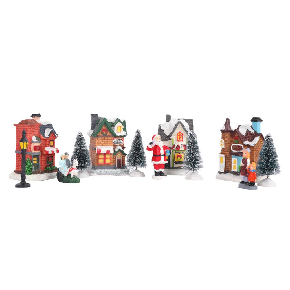 Christmas Village Set Resin Christmas Scene Village LED Lighted Miniature Houses Town Christmas