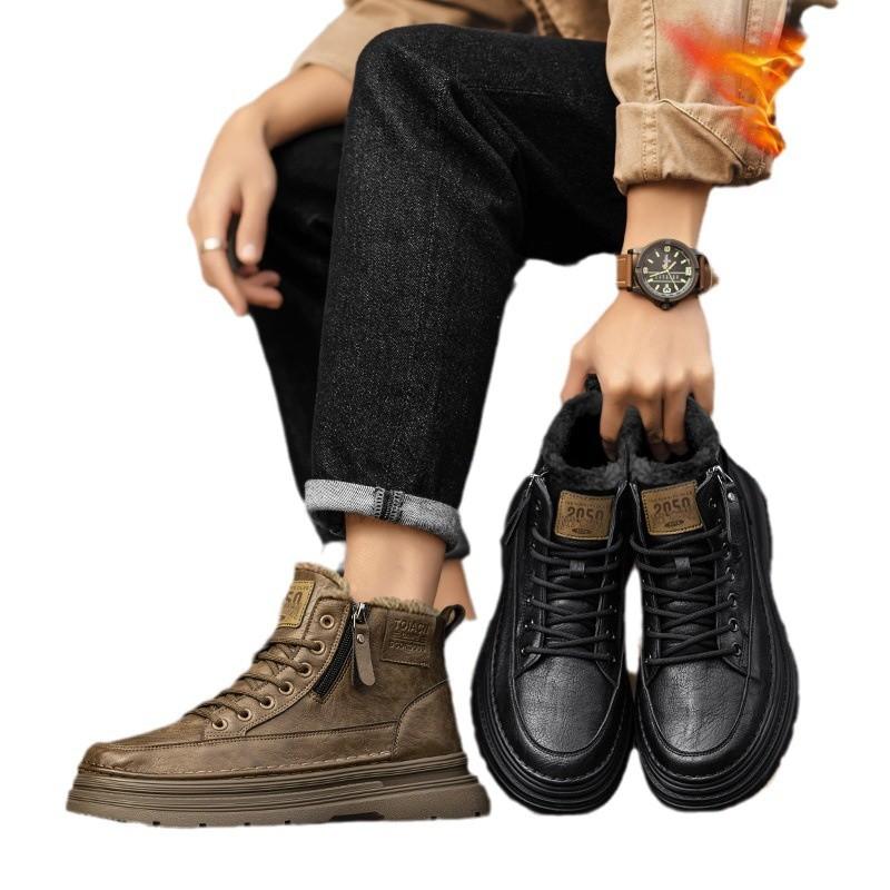 Martin Boots Men's Shoes Winter British Style Casual Leather Shoes Velvet Thermal Cotton Shoes Waterproof and Non-slip Locomotive Tooling Boots