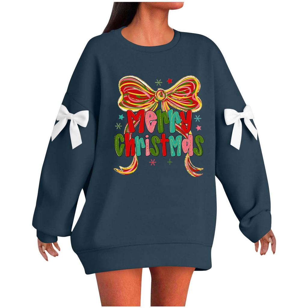 Ladies' Christmas Printed Bow Round Neck Long Sleeved Loose Pullover Sweater Sweatshirt Top