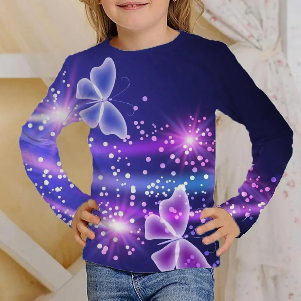 Children's Colorful Butterfly 3D Digital Printed Girl's Casual and Comfortable Round Neck Long Sleeve T-shirt