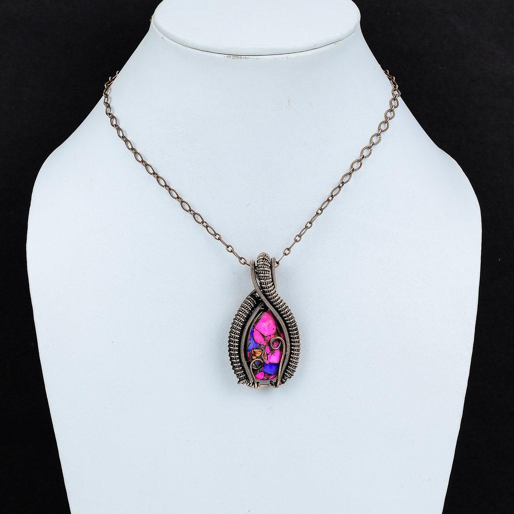 Натуральный Кингман Розовый Георгин Бирюзовый Кулон Кулон, обмотанный медной проволокой Кулон с драгоценным камнем Ювелирные изделия из античной меди Кулон ручной работы для подарка