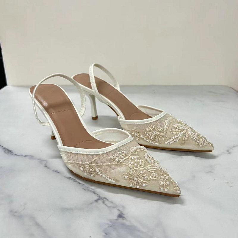 Fashion 2025 Spring And Summer Wear Fashion Shallow Mouth Pointed Net Rhine-Diamond Pearl After Empty High-Heeled Sandals Women'S Shoes
