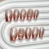 Women Mid‑Long Almond Press‑On Nails Pure‑Handmade French‑Engraved Magic‑Mirror Pink Cat‑Eye False Nail Patches