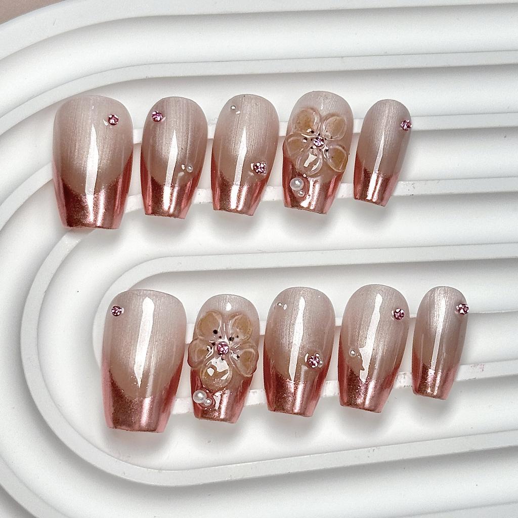 Women Mid‑Long Almond Press‑On Nails Pure‑Handmade French‑Engraved Magic‑Mirror Pink Cat‑Eye False Nail Patches