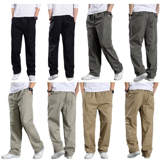Мужские брюки-карго, весна-осень, эластичная талия, однотонные повседневные свободные брюки с большим карманом, мягкие мужские прямые широкие брюки, мужская одежда