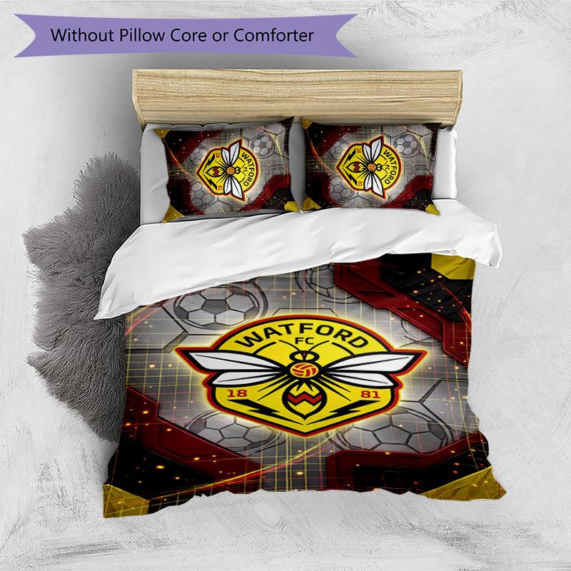 Watford Football Printed 3 Pieces Bedding Set, Comfortable Skin Friendly Bedroom Duvet Cover Set