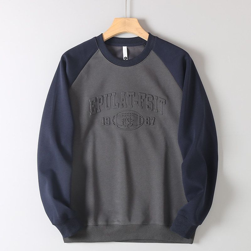 Men's Export Surplus Color-Blocked Raglan Sleeve Crewneck Pullover Sweatshirt with 3D Embossed Design for Spring and Autumn Casual Sports Wear