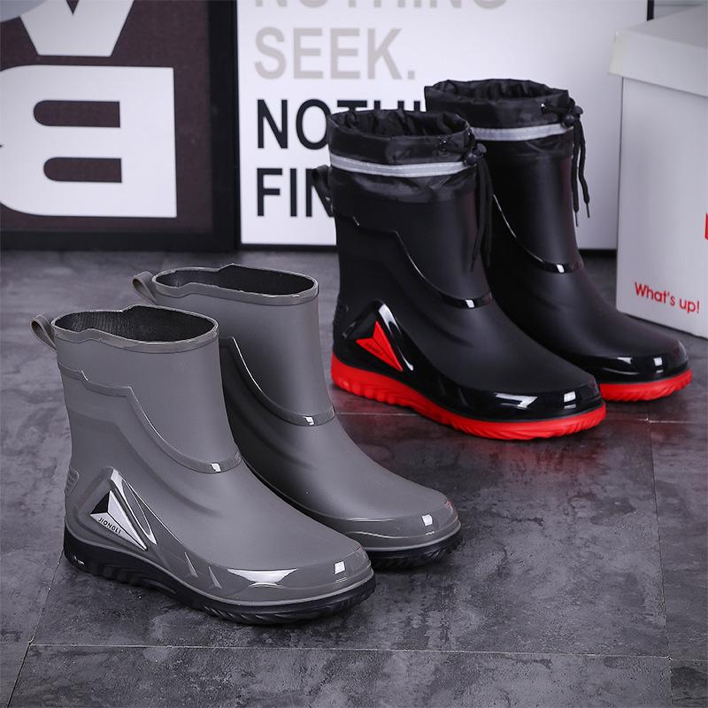 Fashion Rain Shoes Men's Short Anti Slip Mid Tube Rain Boots Short Water Shoes with Velvet Work Shoes