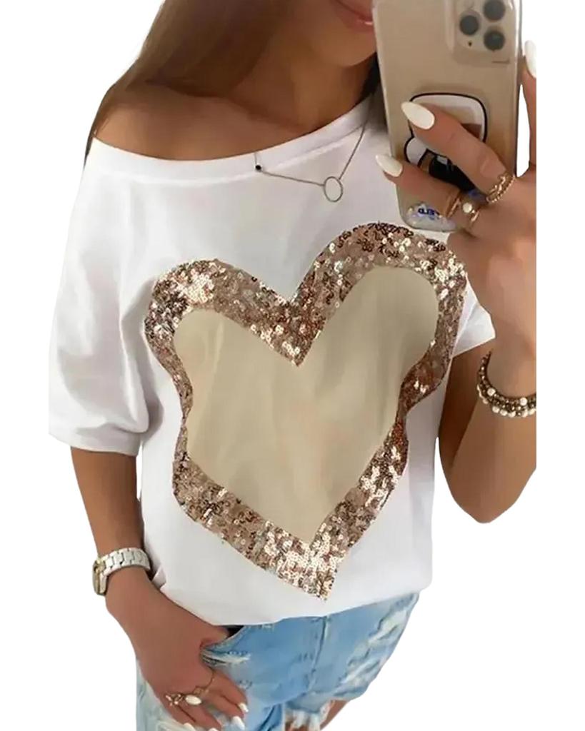 Azura Exchange White Valentines Day Sequined Heart Crew Neck Short Sleeve Top
