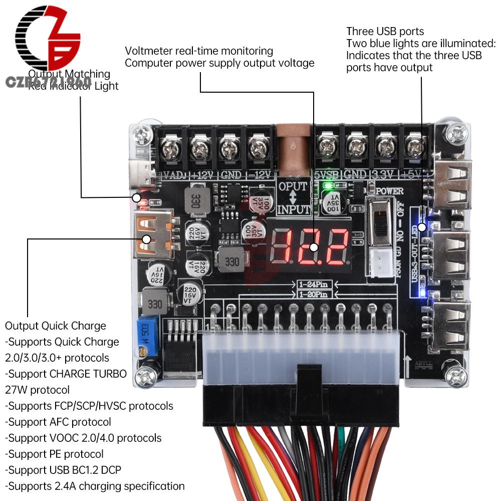 20Pin 24Pins ATX Power Adapter Board Acrylic Case Kit PD2.0 PD3.0 Adjustable Power Supply Breakout Board Power Connector Adapter