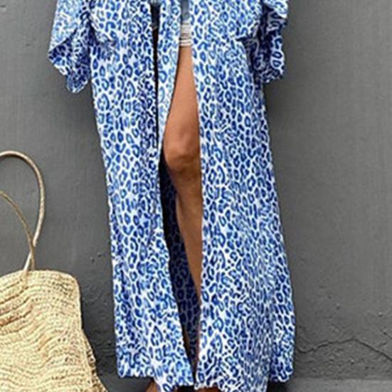 Long Robe Strapless Skin-friendly Blue Vintage Oversize Leopard Pattern Cardigan Shopping