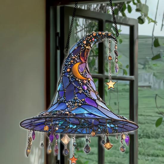 Halloween Witch Hat Hanging Decoration Stained Glass 2D Flat Acrylic
