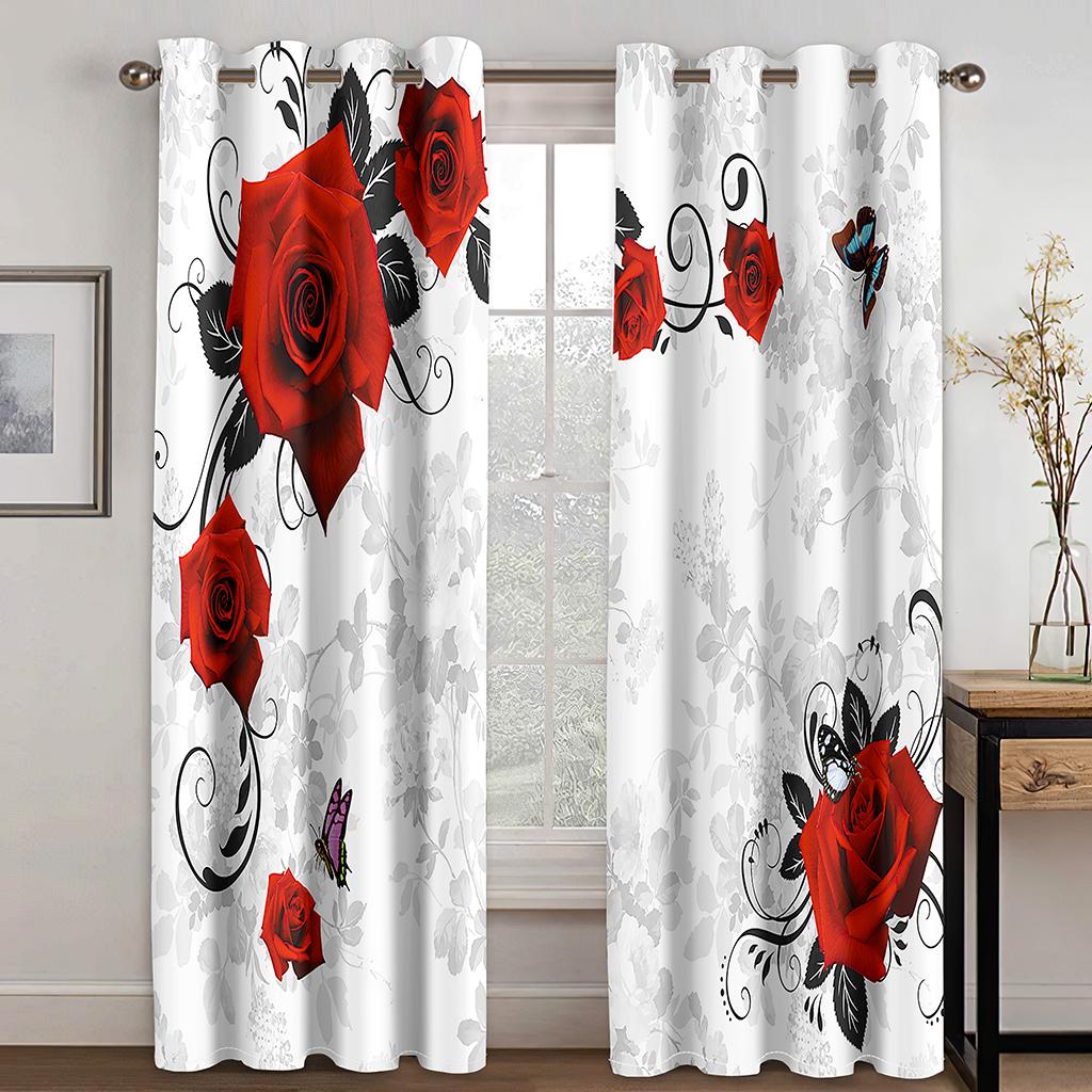Red Rose Printed Window Curtain, Digital Printing, Bedroom, Living Room, 2 Pieces of Narrow Width, Aesthetically Cortinas