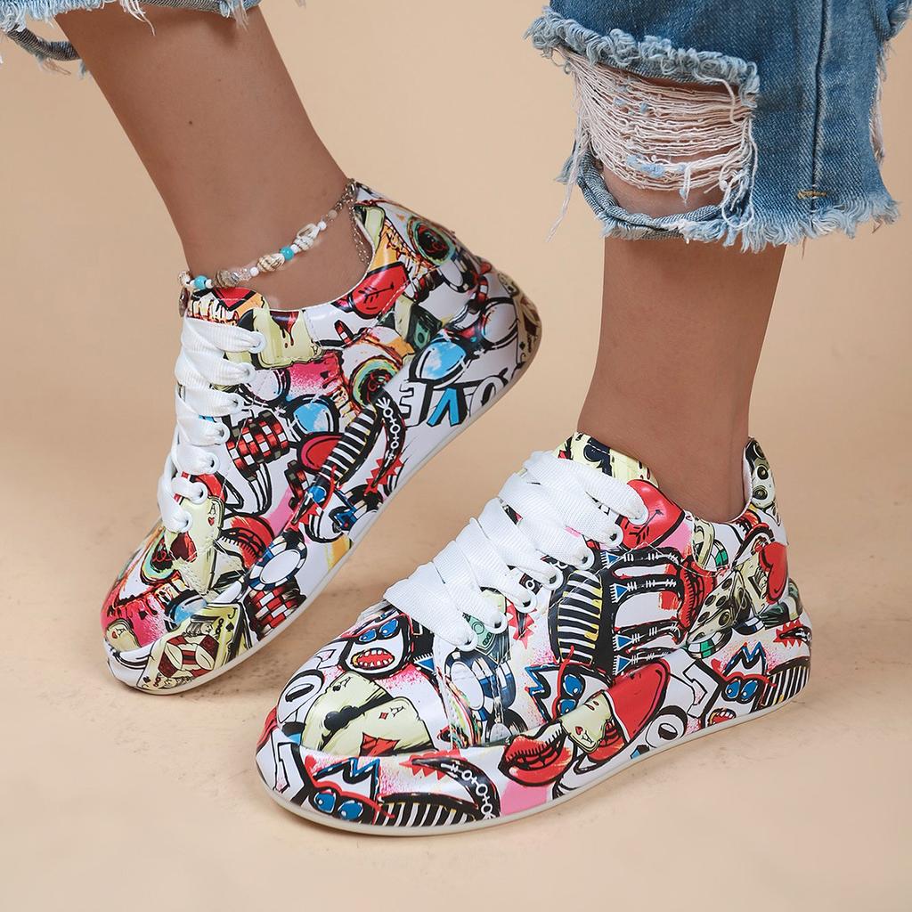 Fashion Painted Graffiti Sports Shoes for Women Lace-up Comfortable Platform Shoes