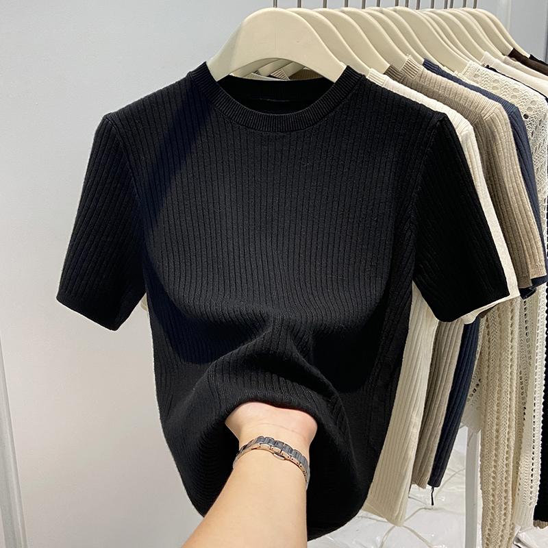 Женские свитера, пуловеры 2025 Лето Короткий рукав О-образный вырез Черный Повседневный вязаный свитер Женские топы Пуловер JJ236