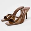 Fashion Retro Brown Patent Leather High-Heel Slipper Women Fashion Shallow Square-Toe Thin Heel Slide Sandals Elegant Banquet Dress Shoe