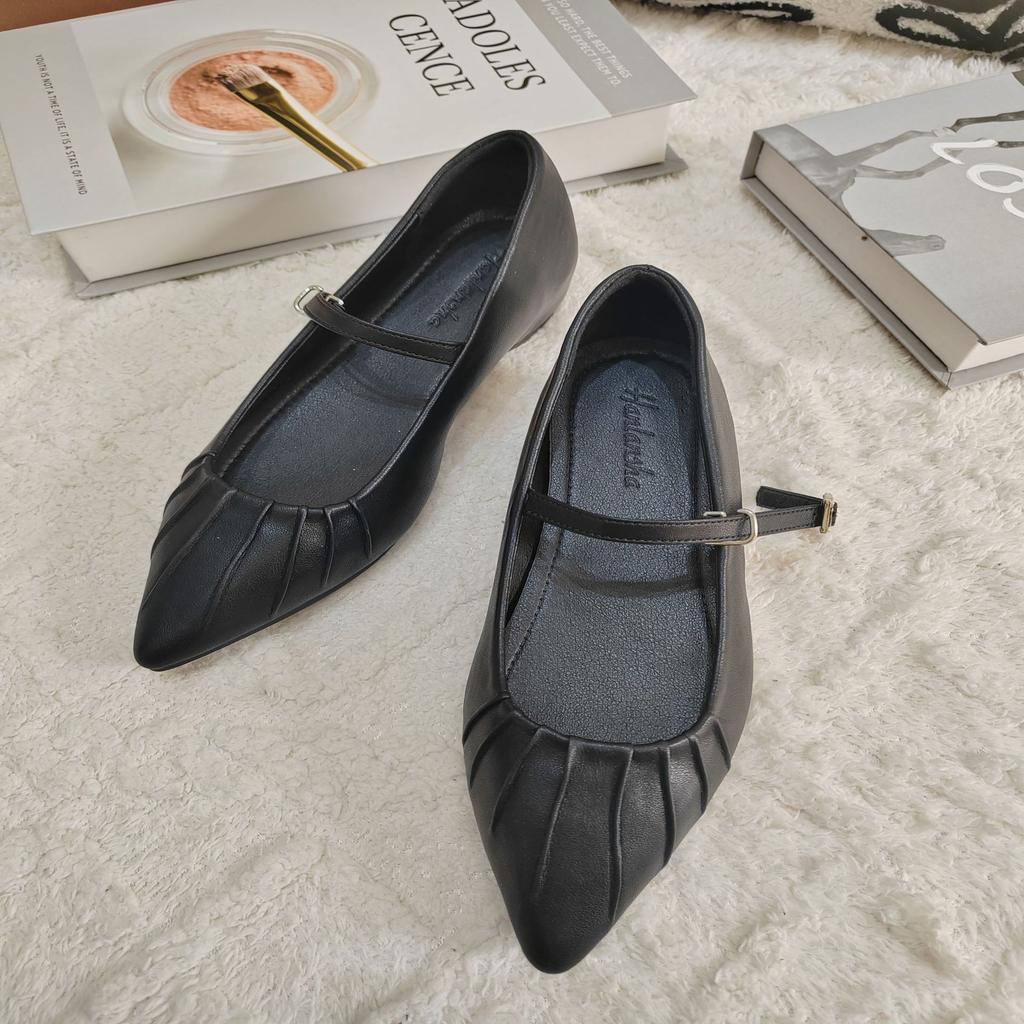 Inner Height Increase Summer New Women's Shoes Versatile and Popular Retro Temperament One-word Pleated Pointed Single Shoes Small Size Shoes