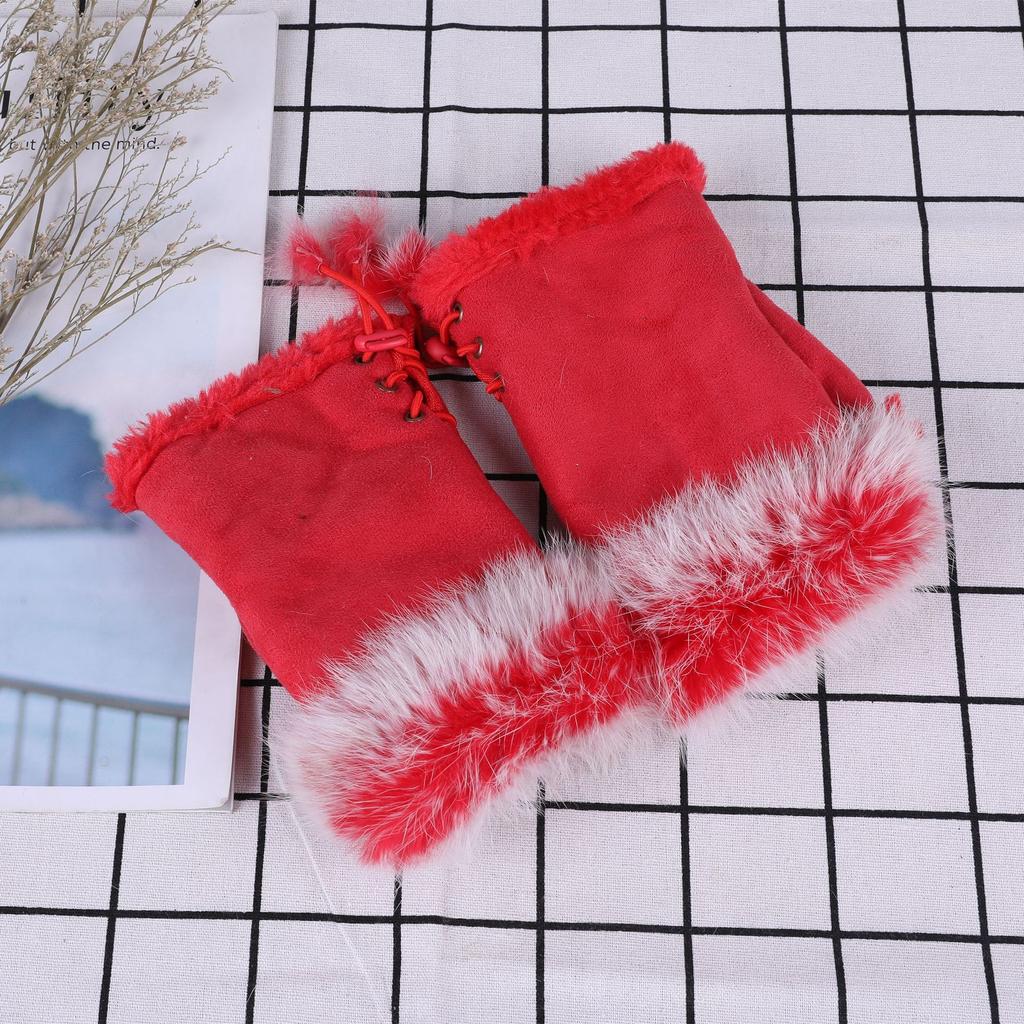 Christmas Women Hand Wrist Windproof Mittens Warmer Y2K Leopard Print Gloves Plush Suede Faux Rabbit Fur Fingerless Gloves