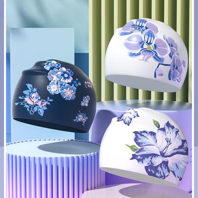 Силиконовая шапочка для плавания, водонепроницаемая женская шапочка для плавания, удобная защита для ушей с длинными волосами, аксессуары для бассейна с цветочным морским принтом