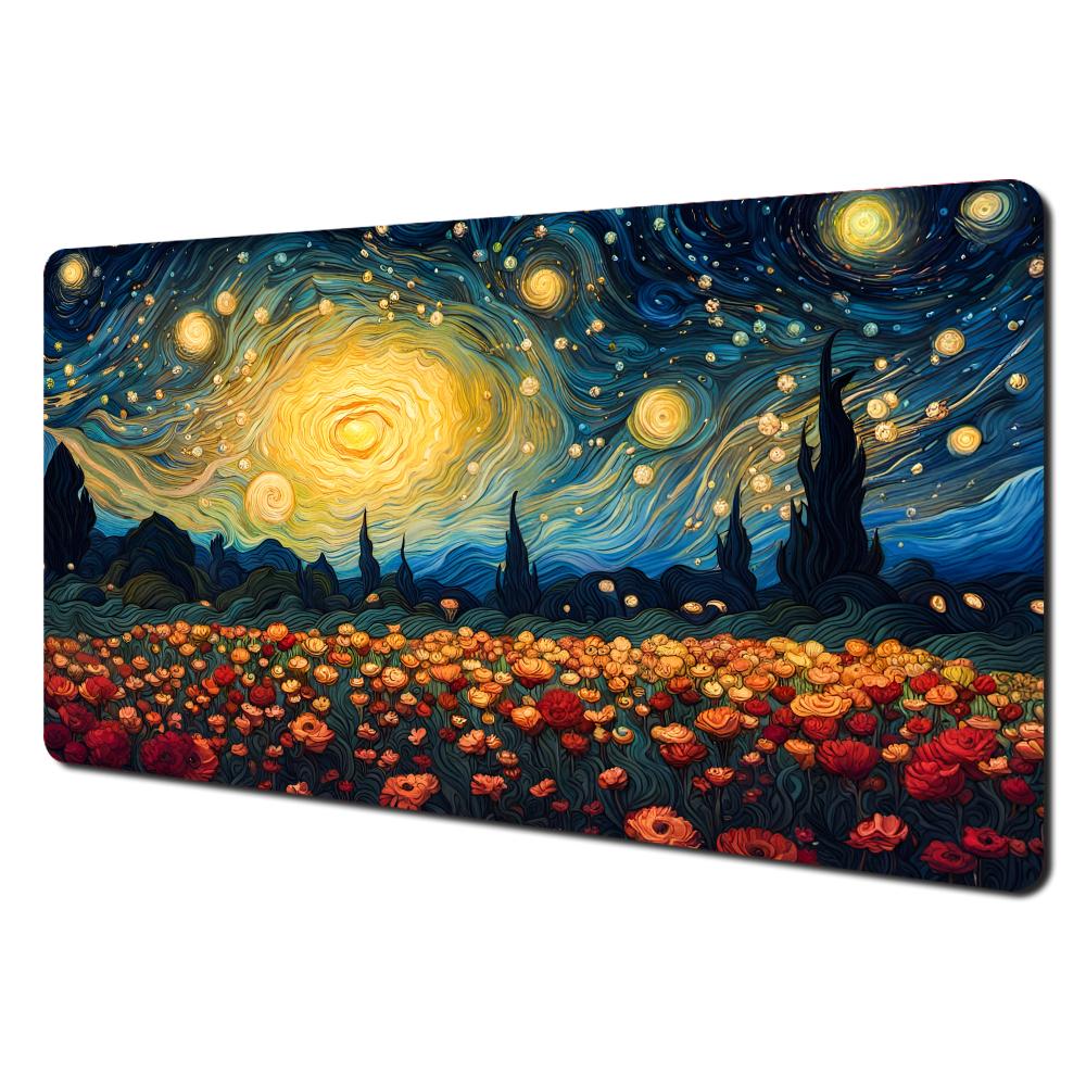 Starry Night Poppies Van Gogh Style Large Mouse Pad Artistic Painting Desk Mat