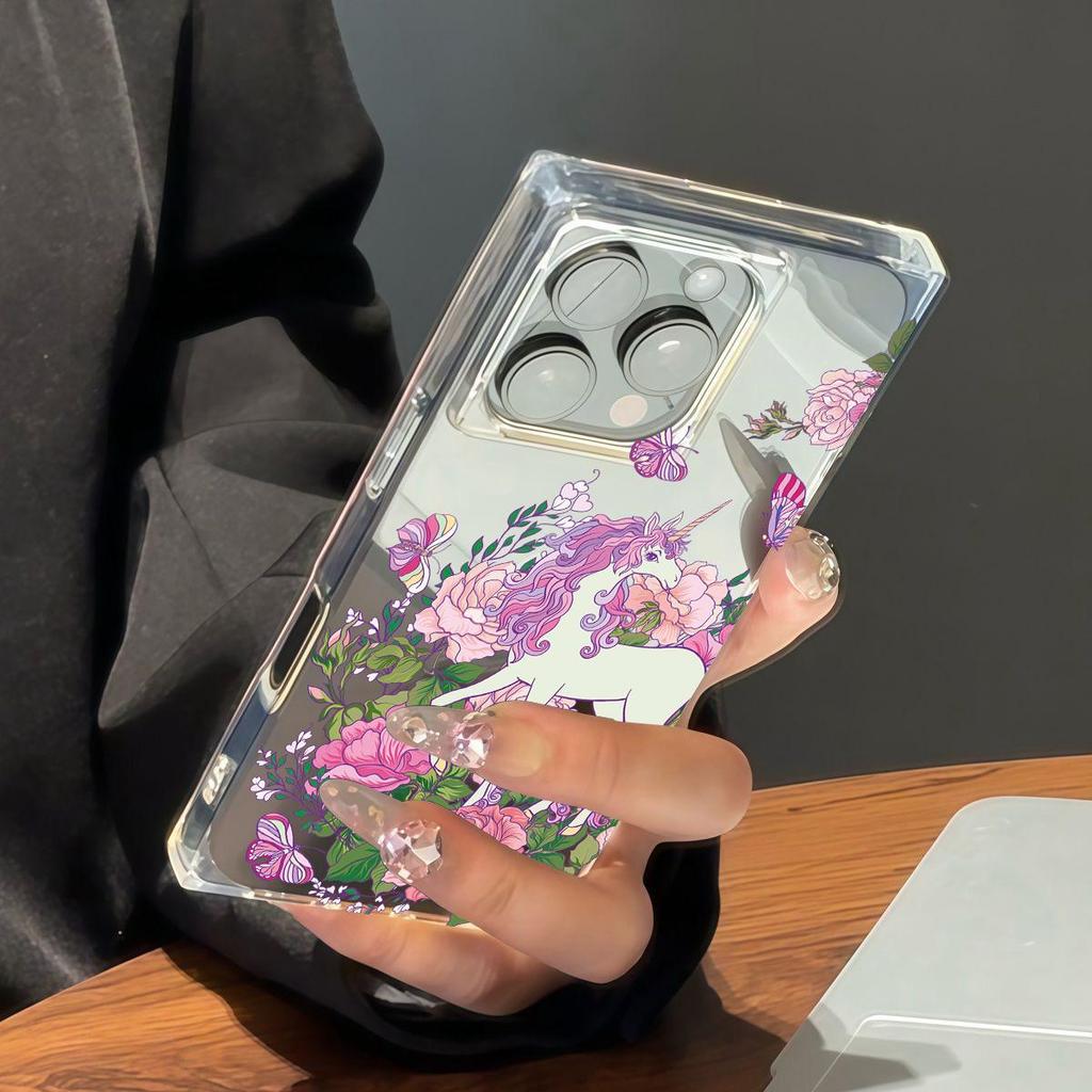 Прозрачный квадратный чехол-трубка для защиты iPhone 13 14 Pro Max 16 ProMax 15 Plus 12 11, защита от окисления, с рисунком бабочки и единорога