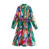 Women Slash Long Sleeve Midi Dress Green Print Shirt Dress