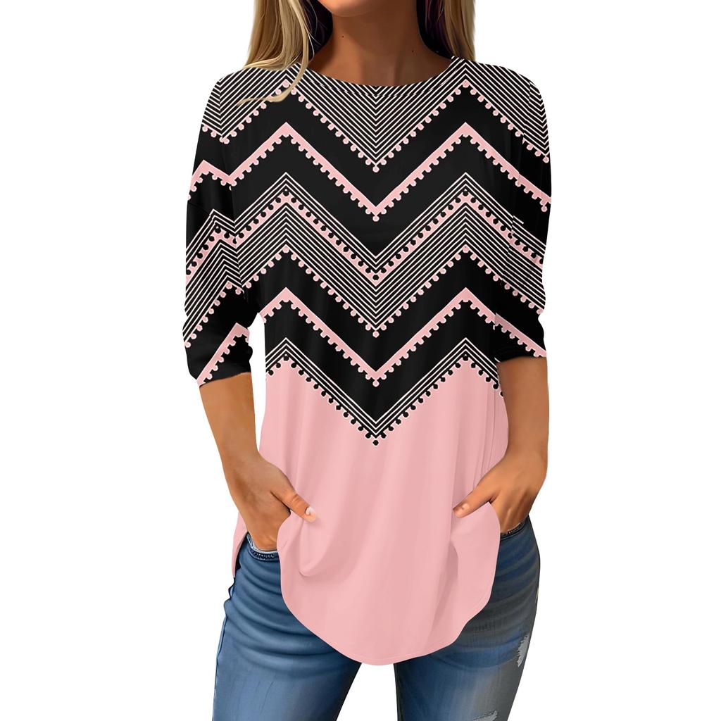 Women's Loose Round Neck Print 3/4 Sleeve T-Shirt Top Pullover