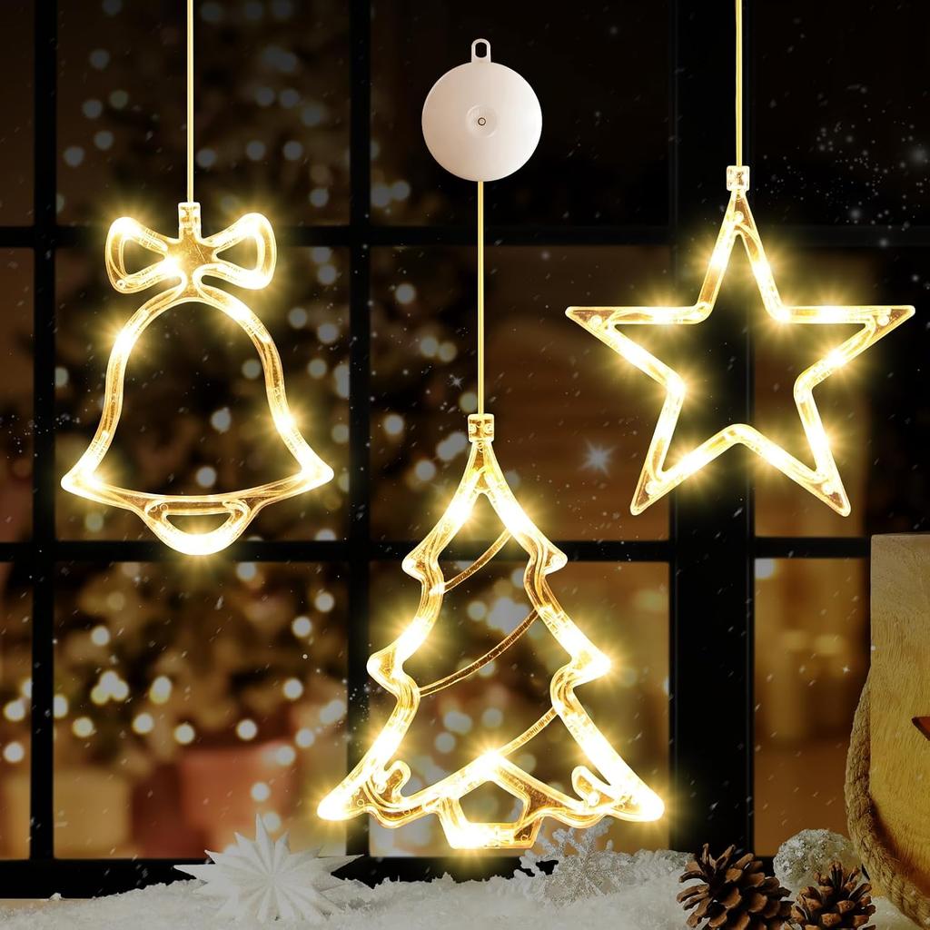 LYUBASA 3Pack Christmas Window Lights Decorations with Timer, Battery Powered Multicolor LED Sucker for Xmas Tree Fireplace Indoor Decor