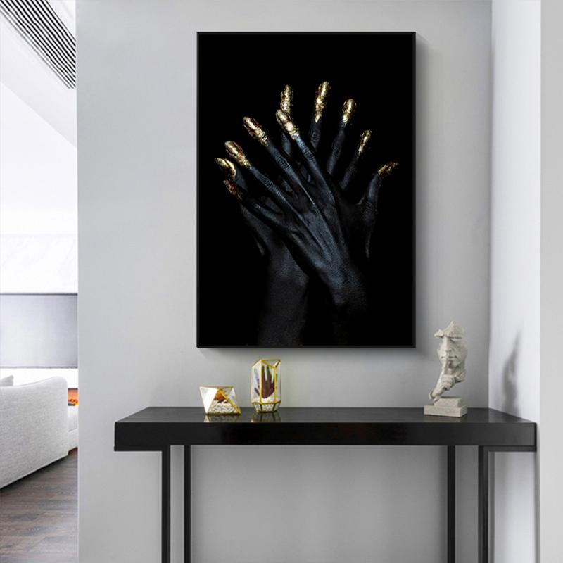 Черные руки, холст, картина на стене, женские постеры с золотыми ногтями и принты, скандинавское настенное искусство, домашний декор, модульные картины