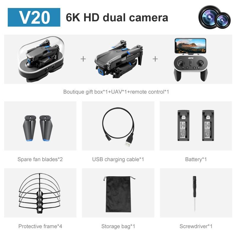 New Mini Drone V20 6K HD Camera RC Helicopter Quadrocopter One-Key Return FPV Follow Me Foldable Quadcopter Boy's Toys Gift