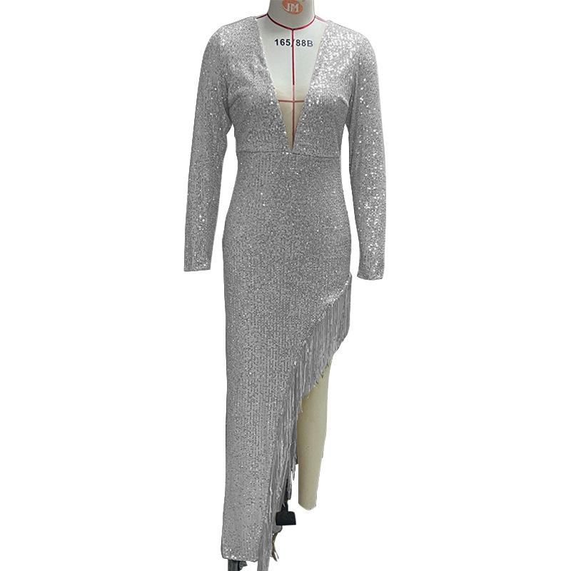 Summer new European and American women's dress, sequined v-neck long-sleeved long dress, sexy asymmetrical dress