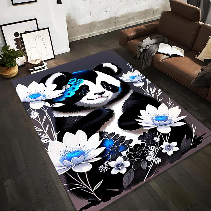 Cute Panda Surrounded by White and Blue Flowers Non-slip rug suitable for living room and bedroom sofas sofas