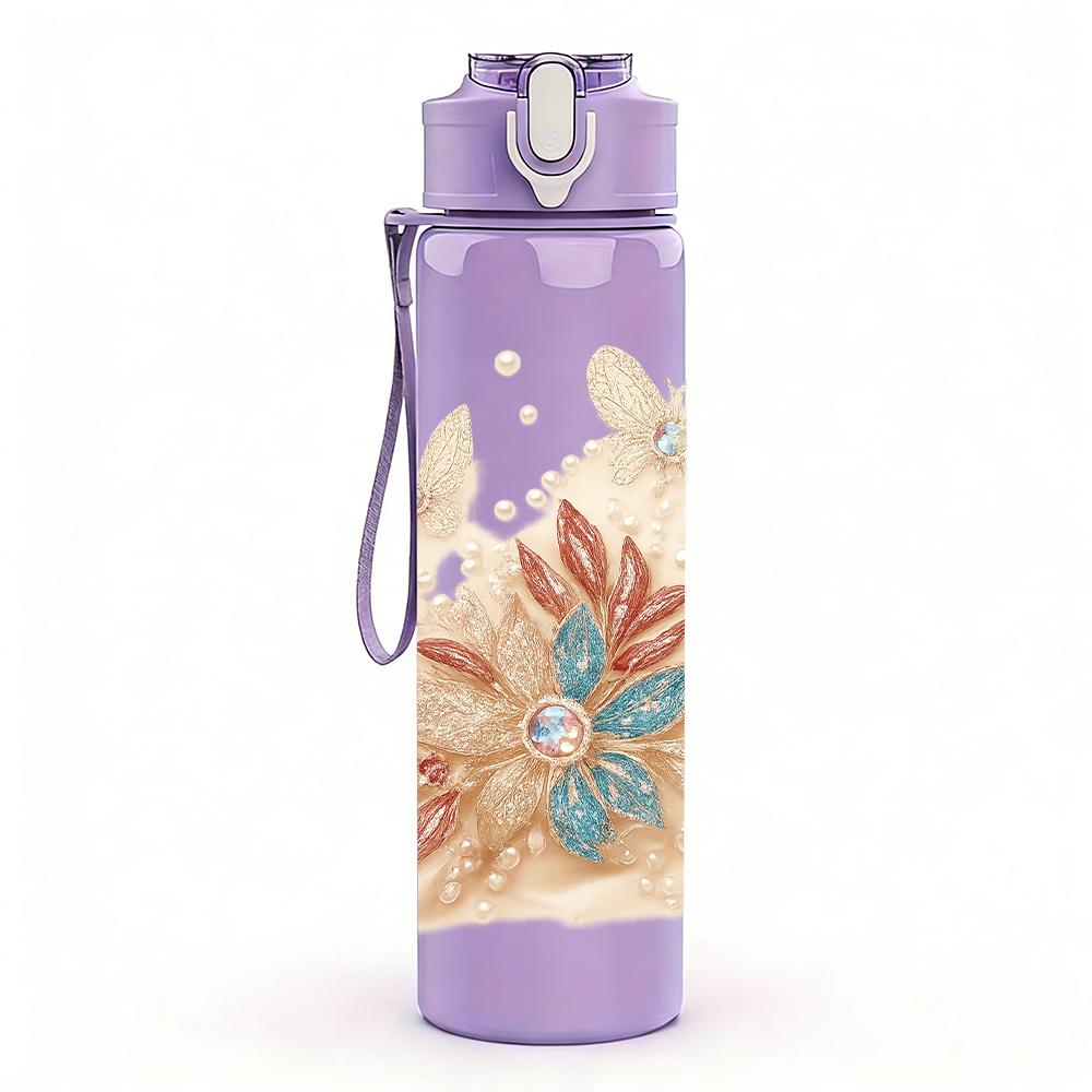 1PC Soft Dried Floral Bouquet 750ml Color Plastic Sports Water Bottle Leakproof Flip Straw Lid For Sports Office Home Use